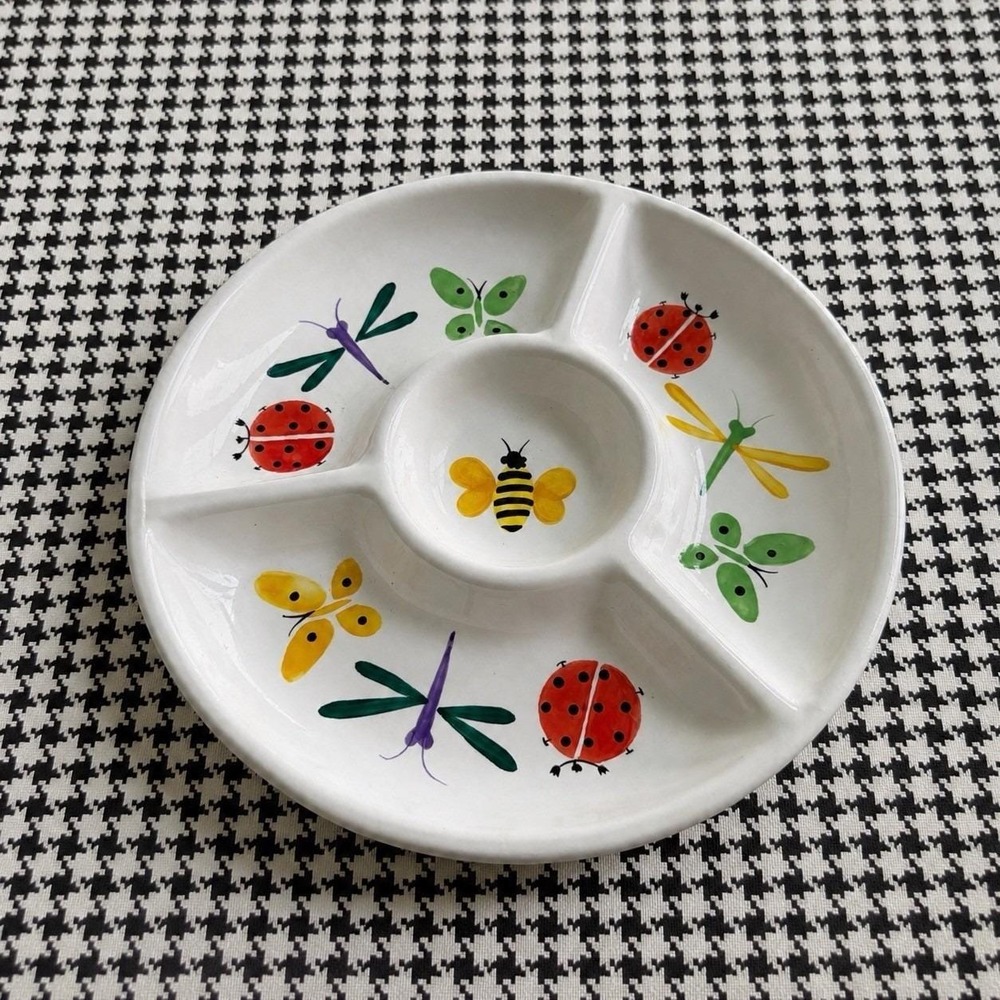 13" VTG Divided Chip Dip Platter Dragonflies, Ladybugs, Bee Bugs‎ Cottagecore